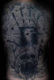 back stone carving style black large wall andskull tattoo pattern