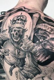 Back creepy black ash king and demon tattoo pattern