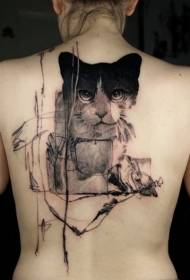 terug surrealistische stijl zwarte kat tattoo patroon