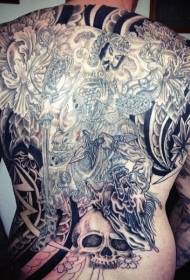 hel rygg mycket detaljerad asiatisk krigare och skalle tatuering mönster