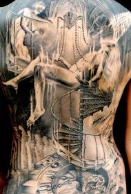 回暗灰色風格神秘女人與樓梯和時鐘的紋身圖案