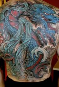 back Japanese style colored evil dragon and Chinese tattoo pattern