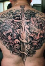 Back demon monster and fantasy sword black and white tattoo pattern