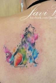 nugaros dažytas rėkiantis vilko akvarelės stiliaus tatuiruotės raštas