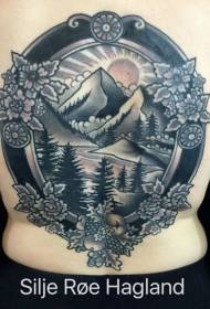 back colored mountain river flowers and sun tattoo pattern