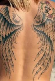 back Asian style black and white small wings with symbol tattoo pattern