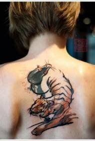 Назад шема на тетоважа со акварел тигар во азиски стил