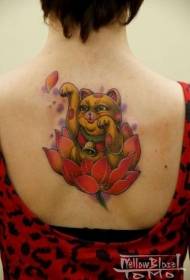 Modello di tatuaggio di gatto e fiore carino nuovo stile tradizionale di colore posteriore