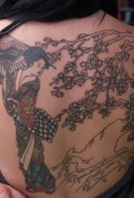 back Asian style geisha and flowering tree tattoo pattern