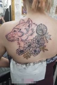 girls back black lines Geometric elements wolf head and flower tattoo pictures