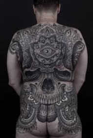 back ancient skull with various ornaments and eye tattoo patterns