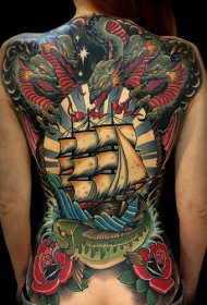 back new school color sailboat with evil snake fish and rose tattoo pattern