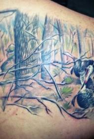 back beautiful realistic style color forest and bird tattoo pattern