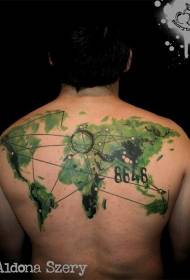 înapoi hartă mondială verde Și traseu model digital de tatuaj