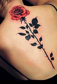 背部脊柱欧美玫瑰彩绘纹身图案