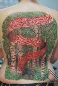 back Colored deep forest with red ribbon tattoo pattern