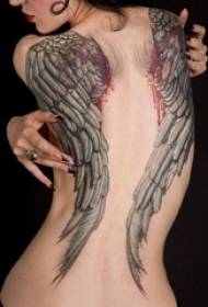 girls back black gray sketch Dot tricks domineering large area full back wings tattoo pictures