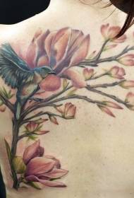 Girl's back beautiful colored flowers bird tattoo pattern