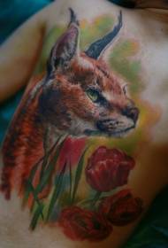 背部惊人的彩色写实风格野猫花卉纹身图案