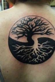 Назад чорно-білі азіатські символи плітки інь-інь та татуювання дерева