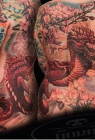пълен гръб азиатски стил разкошен цветен дракон и цъфтящ модел на татуировка на дърво