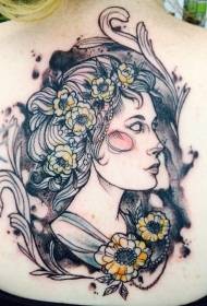 back sketch style color woman with flower tattoo pattern