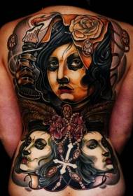 old school back color mysterious woman with rose and candle tattoo pattern