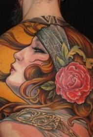back beautiful woman portrait with red rose tattoo pattern