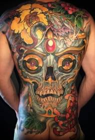 cráneo máxico de costas con tatuaxe de crisantemo de serpe