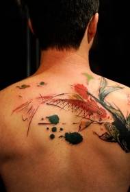 back Asian traditional colorful squid swimming tattoo pattern