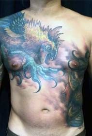 chest multicolored cock tattoo pattern