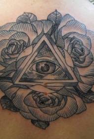 гръб гравиране стил черна линия роза и модел татуировка на очите