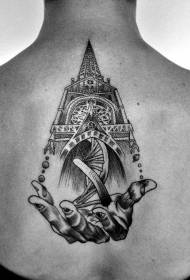 back engraving style black medieval cathedral With hand tattoo pattern