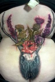 estilo de color de espalda cráneo de ciervo de gran color y patrón de tatuaje de flores silvestres