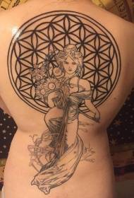 tillbaka svart linje kvinna och blomma tatuering mönster