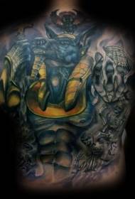 back colored skull and Anubis idol tattoo pattern