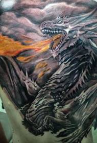 back good-looking color fire-breathing evil dragon tattoo pattern