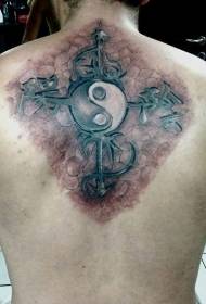 atzera estilo errealista estiloko karaktere txinatarrak eta yin eta yang esamesak sinboloen tatuaje eredua