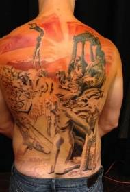 背部令人毛骨悚然的彩色古代人雕像纹身图案