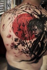 back Japanese style colored samurai and flowers Sun tattoo pattern