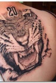 nugaros juodai baltas riaumojantis tigras ir simbolio tatuiruotės modelis