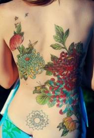 back traditional painted chrysanthemum tattoo pattern