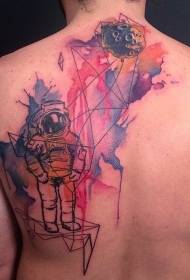back watercolor style astronaut and asteroid tattoo pattern