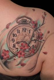 farbige Uhr mit blühendem Baum Tattoo Muster