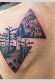 πίσω μαύρο γκρι στυλ γεωμετρία και βουνό καταρράκτη τατουάζ μοτίβο