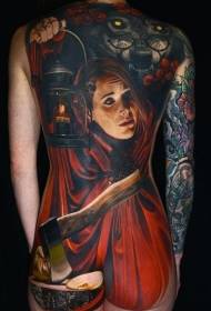 realistisk stil farve kvinde tatoveringsmønster med ulveøks ryg