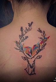 背部欧美麋鹿几何彩色纹身图案