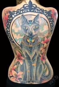 pilna nugara didžiulis įvairiaspalvis Egipto katės ir gėlių tatuiruotės raštas