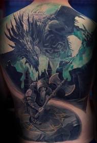 hátul fantasy stílusú színes harcos sárkány tetoválás mintával