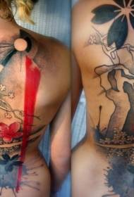 back new Japanese-style colored beautiful flowers and tree tattoo pattern